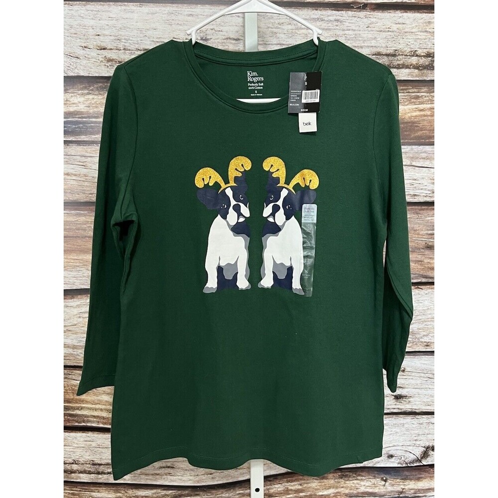 KIM ROGERS NWT Women's Christmas Boston Terrier With Antlers Top Green Small
